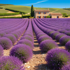 Endless rows of blooming lavender stretch across rolling hills under a bright blue sky
