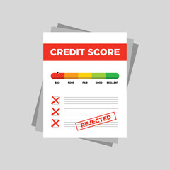 Rejected credit score gauge speedometer indicator with color levels on paper sheets vector illustration design