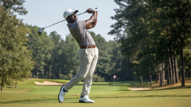 Focused golfer's drive on a tree-lined golf course
