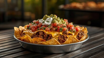 A delicious serving of loaded nachos on a round aluminum plate, featuring melted cheese, fresh salsa, guacamole, and sour cream—a perfect party snack.