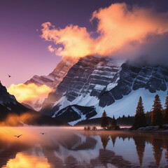 A breathtaking view of towering snow-capped mountains at sunrise, with golden sunlight illuminating misty clouds