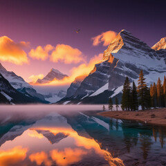 A breathtaking view of towering snow-capped mountains at sunrise, with golden sunlight illuminating misty clouds