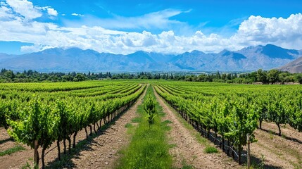Fototapeta premium Lush vineyards in Mendoza, Argentina, with ample space for copy in the sky