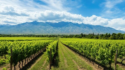 Fototapeta premium Lush vineyards in Mendoza, Argentina, with ample space for copy in the sky