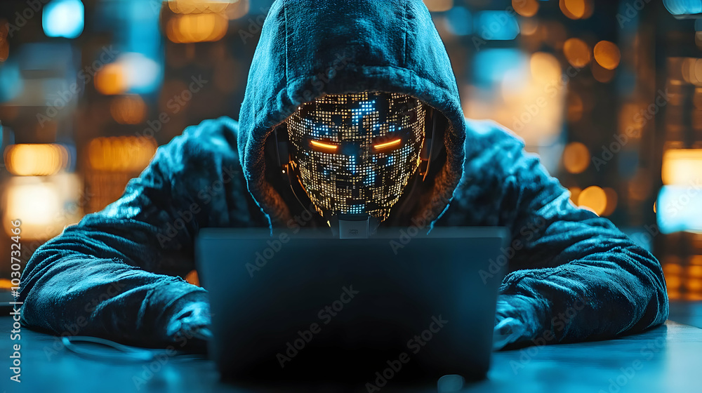Poster a robotic figure in a hoodie working on a laptop in a tech setting.