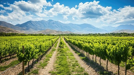 Lush vineyards in Mendoza, Argentina, with ample space for copy in the sky