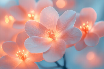 Soft pink flowers illuminated against a dreamy blue background, creating a serene and enchanting atmosphere.