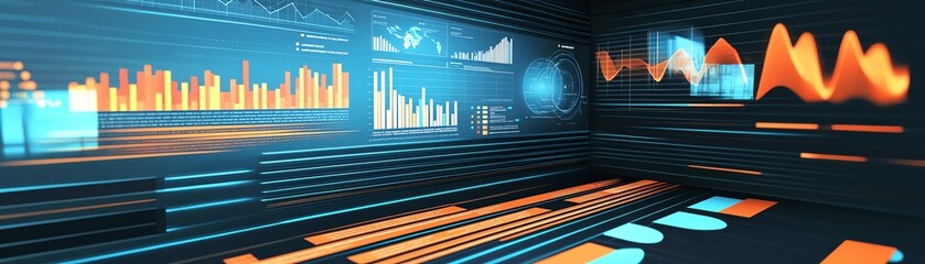 Futuristic digital dashboard displaying vibrant graphs and charts in a high-tech room, representing data analysis and business intelligence.