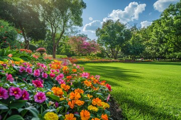 Obraz premium Colorful flower bed in the park with green grass and trees in the background, creating a vibrant and serene scene.