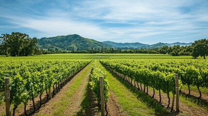 Lush vineyards of Napa Valley with a clear sky and space for text or design