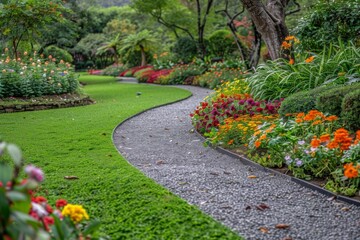 Obraz premium Colorful flower beds and lush green grass in an English garden with winding paths, surrounded by trees and vibrant flowers, creating a picturesque landscape.