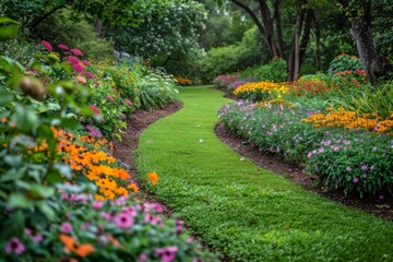 Obraz premium Colorful flower beds and lush green grass in an English garden with winding paths, surrounded by trees and vibrant flowers, creating a picturesque landscape.