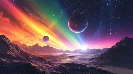 Alien Planet Landscape with Rainbow Aurora.