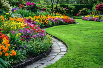 Obraz premium Colorful flower beds and lush green grass in an English garden with winding paths and a wide stone path on a summer day.