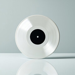 Blank vinyl record standing upright on a reflective surface with no label, offering a sleek and versatile product mockup