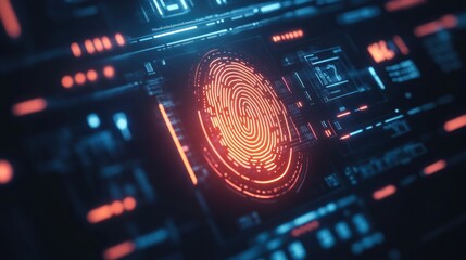 Obraz premium A digital fingerprint scanner interface with a futuristic design, symbolizing advanced security technology in biometric identification systems with a neon-blue and red color scheme.