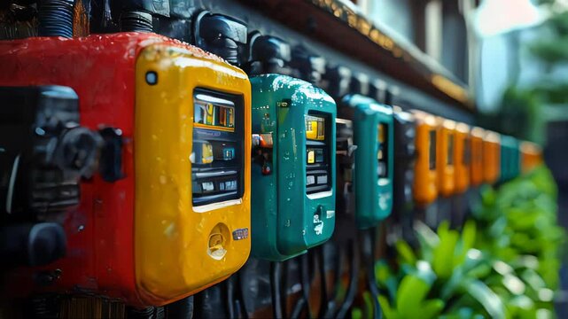 A row of worn, yellow industrial electric meters, each displaying unique readings in a grungy environment