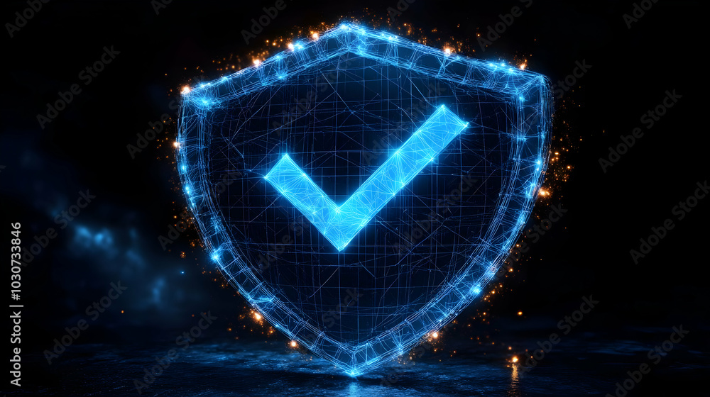 Poster a digital shield with a checkmark, symbolizing security and trust.