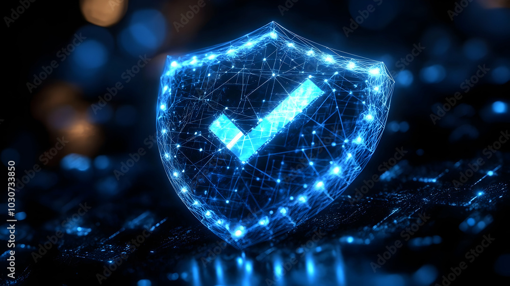 Poster digital shield icon with a checkmark, symbolizing security.