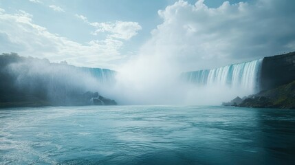 Fototapeta premium Niagara Falls from the American side, mist rising with plenty of space for text