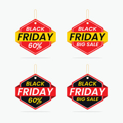 Black Friday Dangler design template. Black Friday offer dangler Vector template design, 60% off, Black Friday Big Sale, Black Friday realistic hanging sales label collection, tag, sticker.
