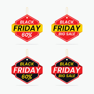 Black Friday Dangler design template. Black Friday offer dangler Vector template design, 60% off, Black Friday Big Sale, Black Friday realistic hanging sales label collection, tag, sticker.
