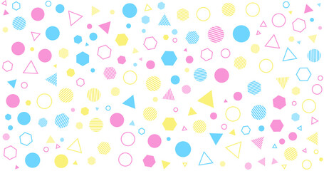 abstract geometric pattern fill/stroke/strip (triangle, circle, hexagon). colorful (blue, pink, yellow) background, banner, book cover, back drop