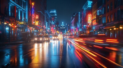 A bustling city street at night, with neon lights reflecting off the wet pavement.