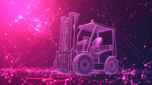 Abstract Futuristic Warehouse Logistics. Wireframe Of Forklift In Metaverse., 3D Rendering