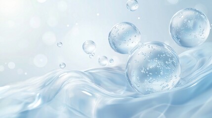 Nutrition, moisturizing, skin care, water molecules, macro water droplets, bubbles