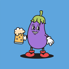 Eggplant Holding Beer Retro Mascot Cartoon Vector Illustration