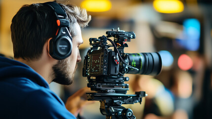 Operator kamery w pełnym skupieniu, który rejestruje dynamiczne wydarzenia na planie filmowym.