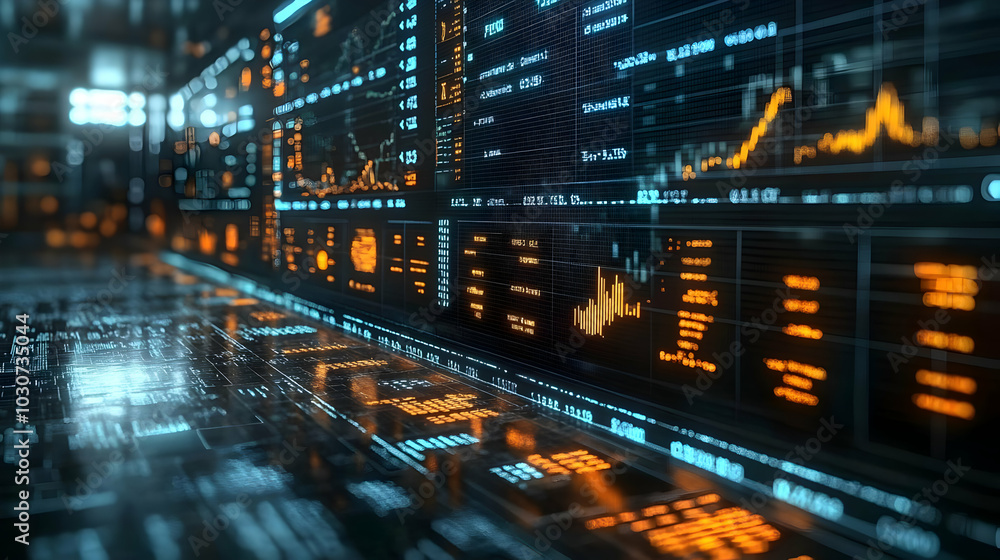 Poster digital financial dashboard displaying market data and trends.