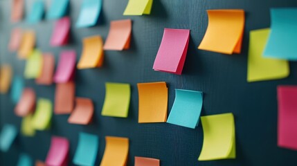 A wall covered with colorful sticky notes in various shades of pink, yellow, orange, and blue, representing ideas, reminders, or a creative brainstorming session.