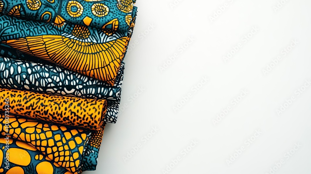 Poster popular african fabric patterns folded neatly in a top view layout with ample copy space