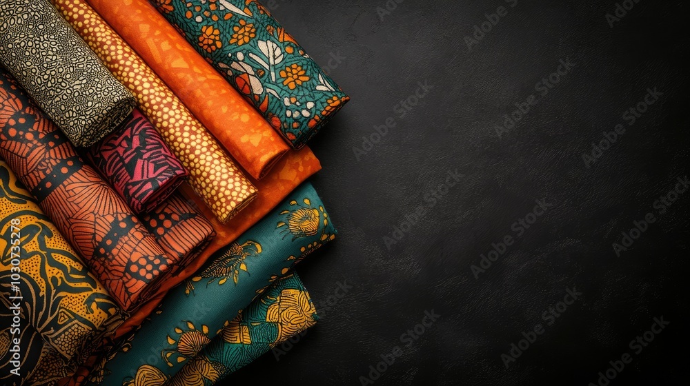 Poster popular african fabric patterns folded neatly in a top view layout with ample copy space