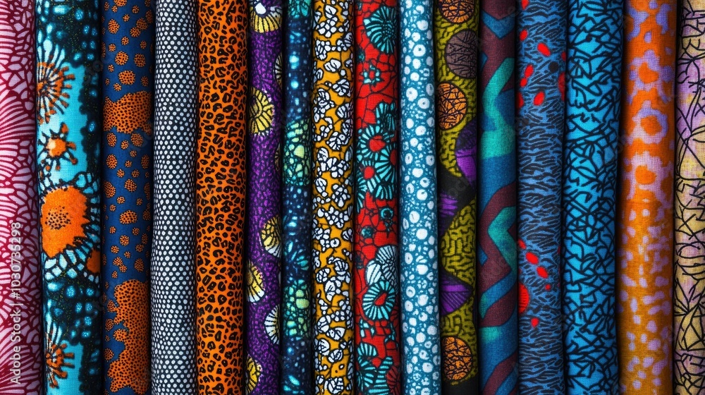 Poster popular african fabric patterns folded neatly in a top view layout with ample copy space