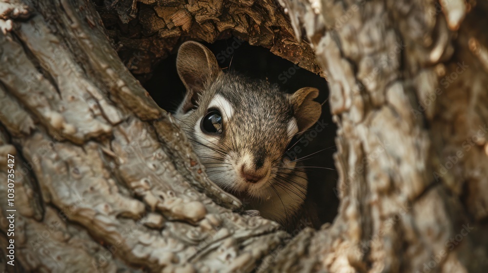 Wall mural Curious Squirrel Peeking From Tree Hollow