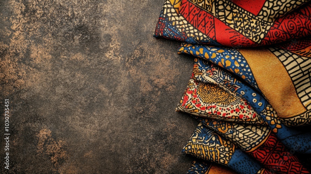 Poster popular african fabric patterns folded neatly in a top view layout with ample copy space