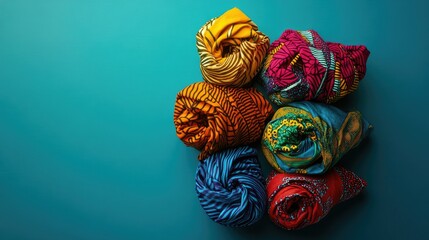 Popular African head wraps folded with patterns displayed in the top view and space for copy