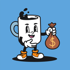 Coffee Holding Money Bag Retro Mascot Cartoon Vector Illustration