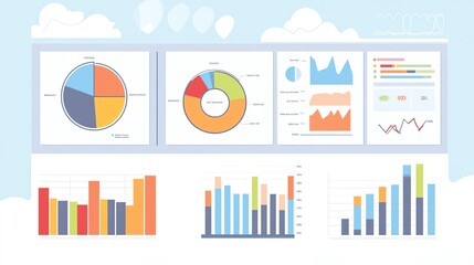 Colorful data analysis dashboard with charts and graphs for business and finance insights, illustrating metrics and performance trends.