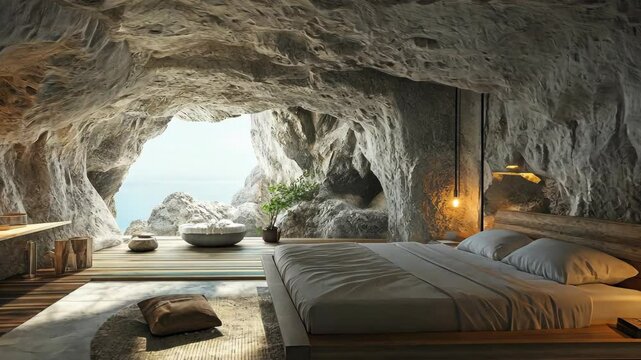 A bedroom in a cave overlooking the ocean, featuring a bed, a wooden floor, and a natural stone ceiling