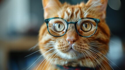 Close-up Portrait of Orange Tabby Cat Wearing Round Eyeglasses Funny and Intelligent Pet Theme