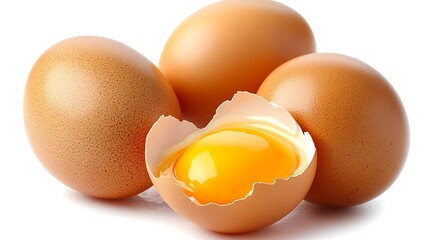 Close-up of brown chicken eggs with one cracked open revealing a yellow yolk.