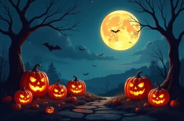 Halloween pumpkins lighting path in spooky forest