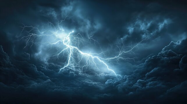 A dramatic and intense thunderstorm scene with powerful lightning illuminating the dark sky filled with dense clouds. The abstract patterns of dark blue and gray thunderclouds create a visually striki