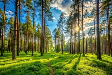 Fototapeta premium forest trees growing in wide-angle landscape and grass