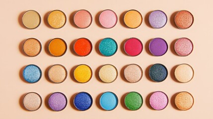 Colorful round containers filled with various powders on a pastel background.