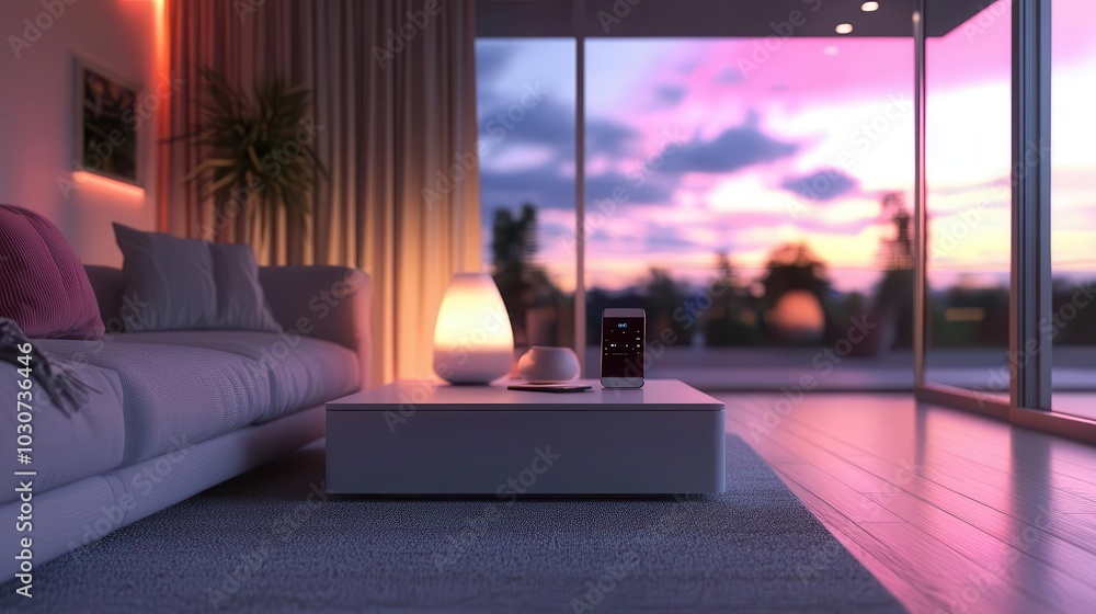 Poster modern smart home with connected devices controlled via a smartphone, iot technology, home automatio